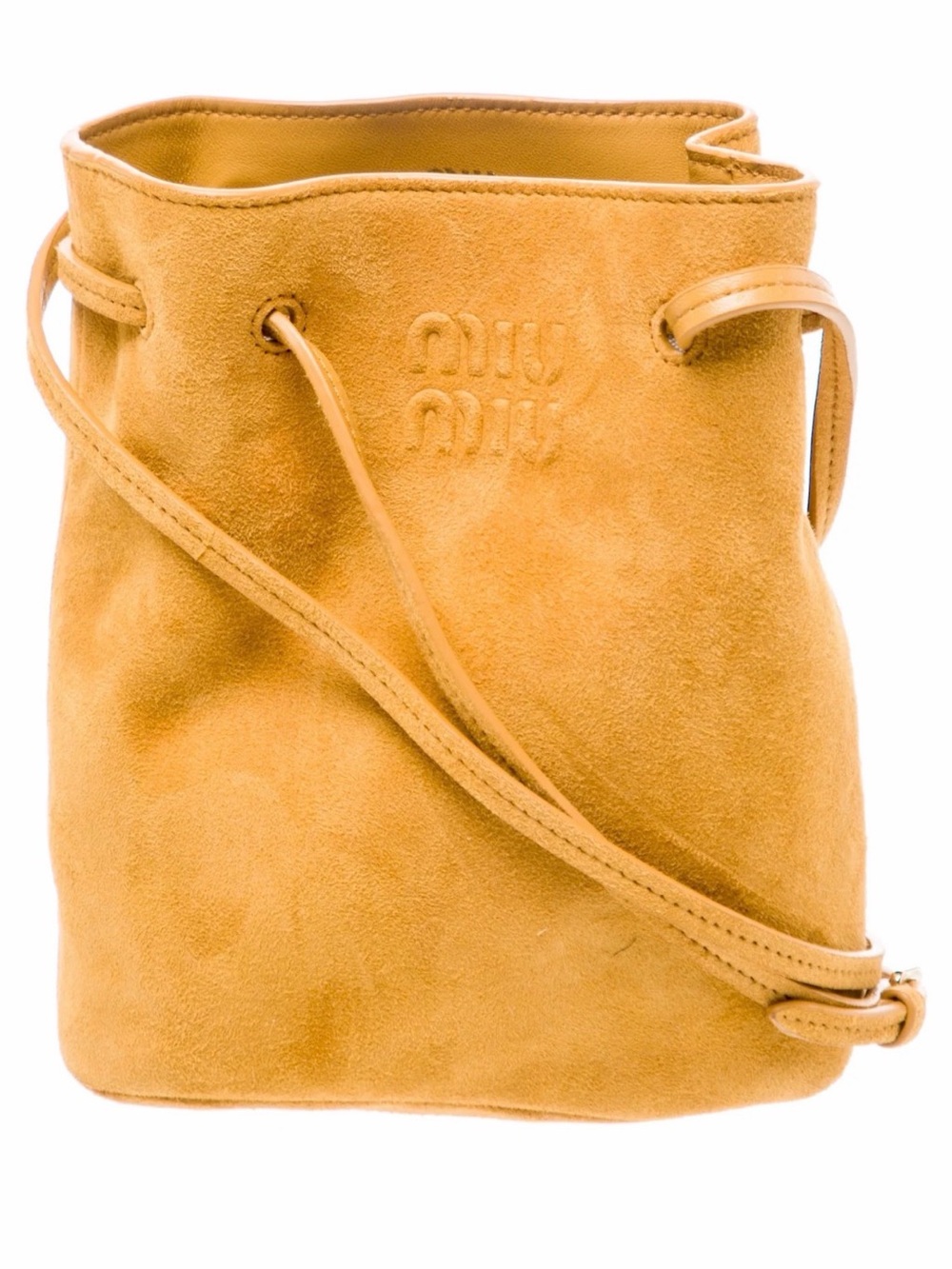 Miu Miu Camel Suede Drawstring Crossbody Bag